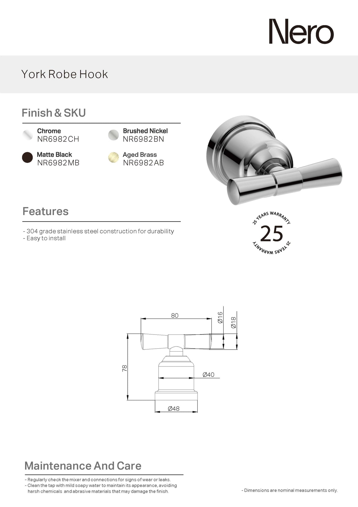 Nero York Robe Hook Chrome NR6982CH