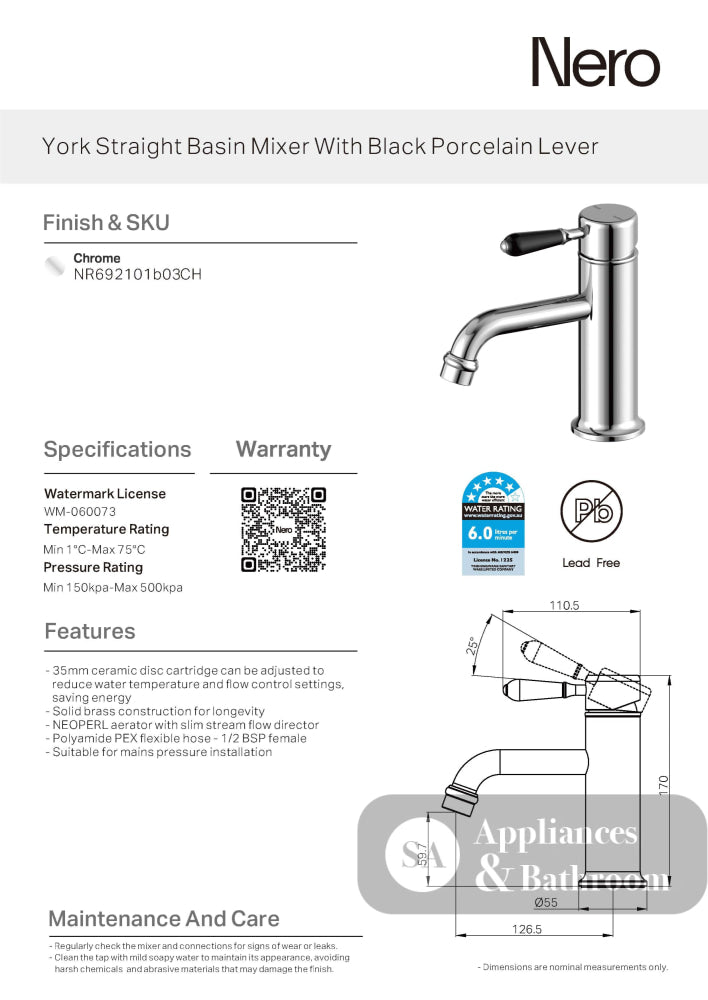 Nero York Straight Basin Mixer w/Black Porcelain Lever Chrome NR692101B03CH - Basin Mixers