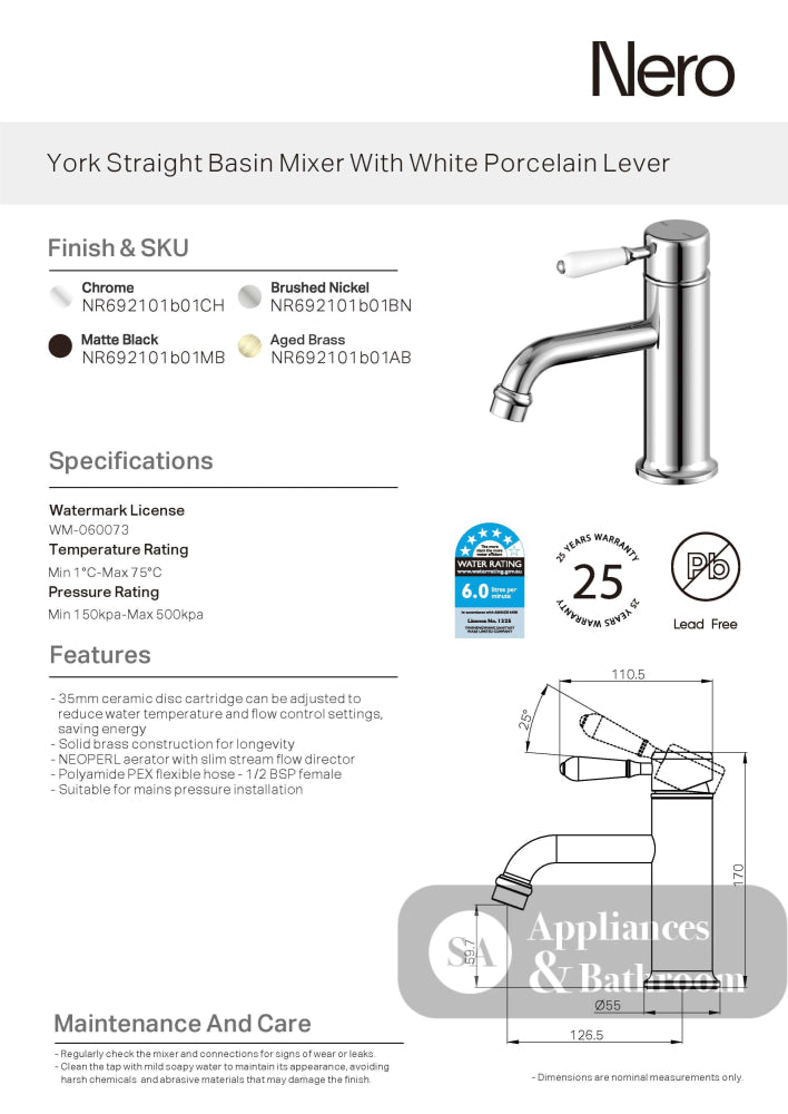 Nero York Straight Basin Mixer w/White Porcelain Lever Matte Black NR692101B01MB - Basin Mixers