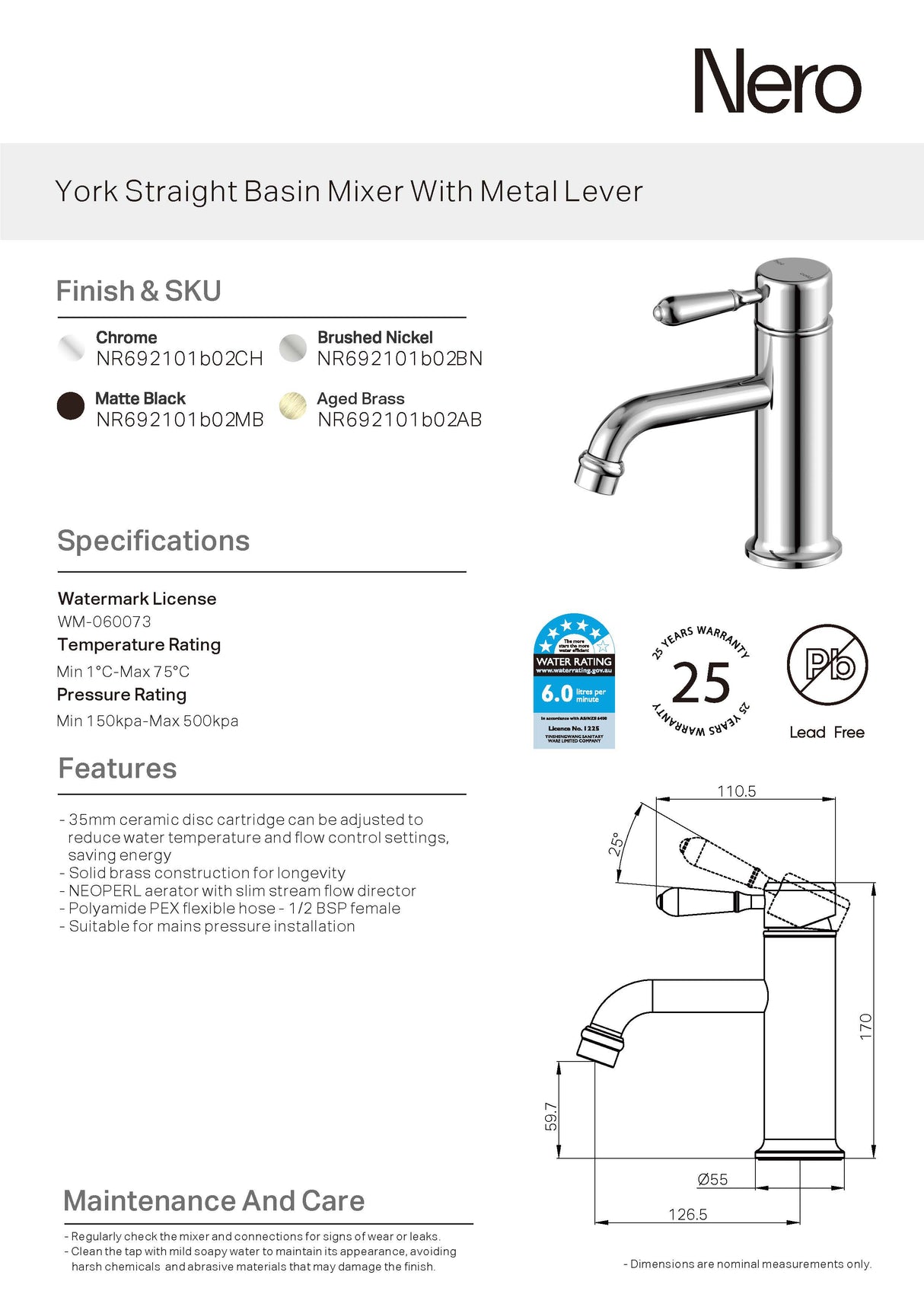 Nero York Straight Basin Mixer w/Metal Lever Matte Black NR692101B02MB