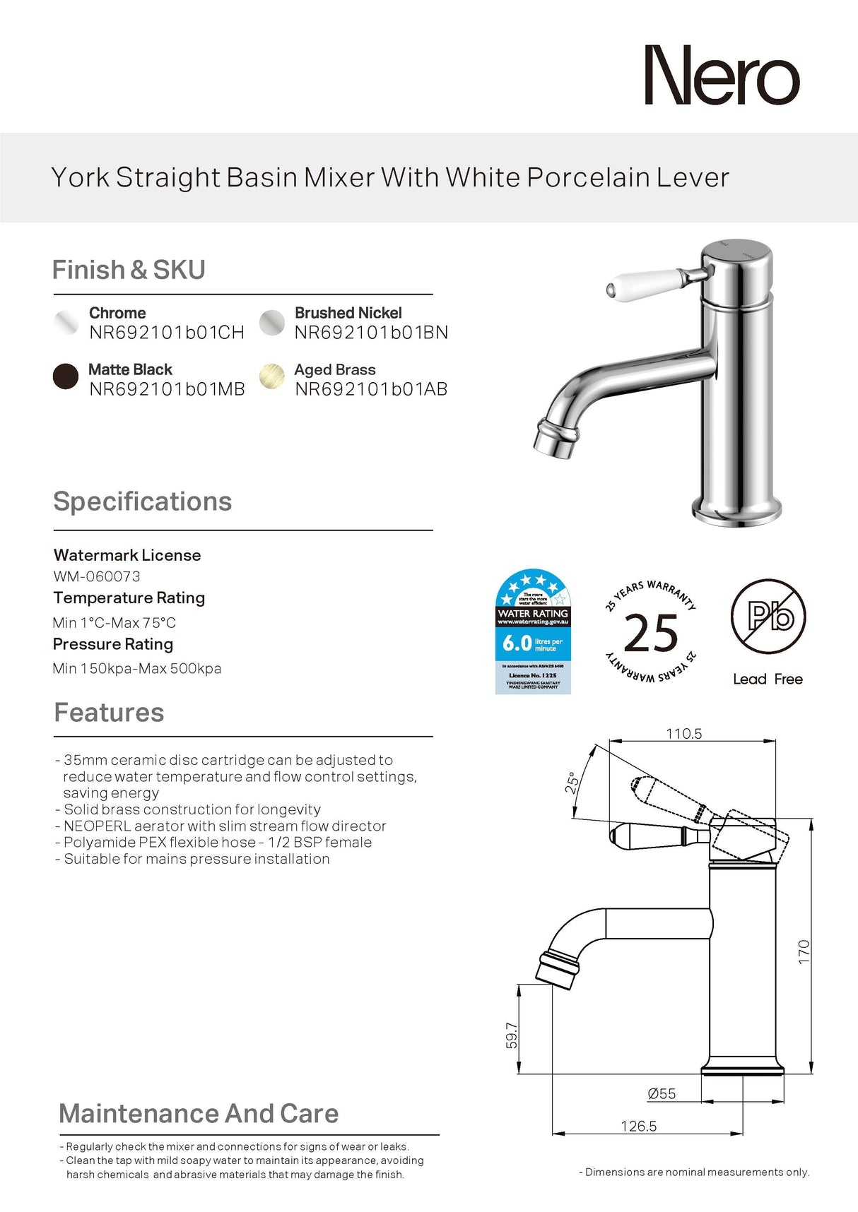 Nero York Straight Basin Mixer w/White Porcelain Lever Matte Black NR692101B01MB