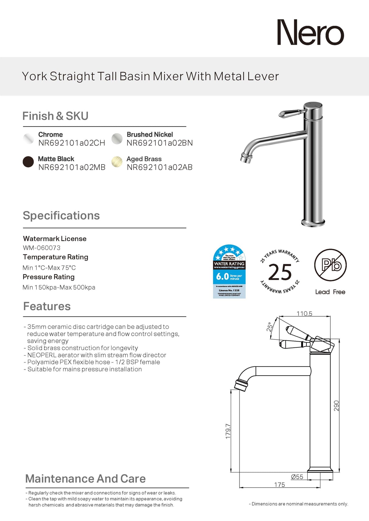 Nero York Straight Tall Basin Mixer, Metal Lever Matte Black NR692101A02MB