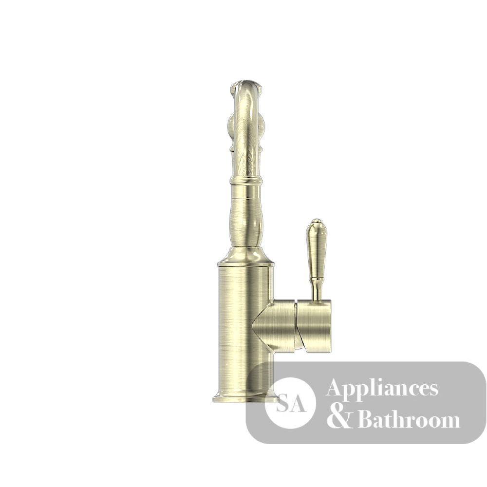 Nero York Tall Basin Mixer Hook Spout With Metal Lever Aged Brass NR69210202AB - Basin Mixers