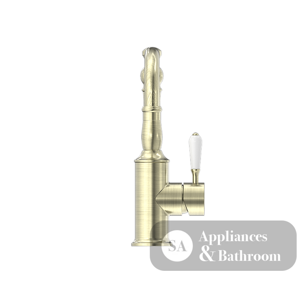 Nero York Tall Basin Mixer Hook Spout With White Porcelain Lever Aged Brass NR69210201AB - Basin Mixers