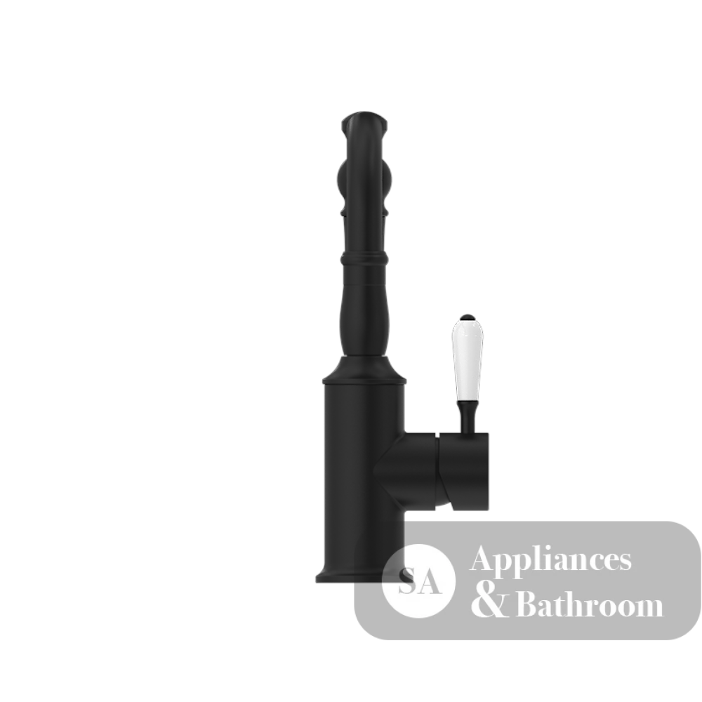Nero York Tall Basin Mixer Hook Spout With White Porcelain Lever Matte Black NR69210201MB - Basin Mixers