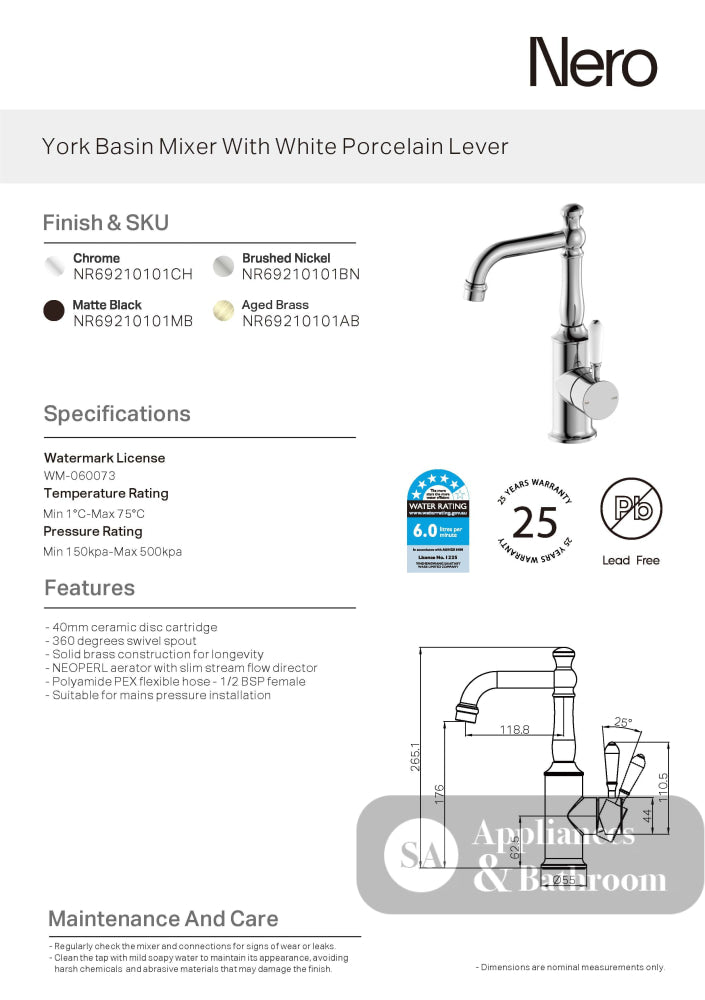 Nero York Tall Basin Mixer With White Porcelain Lever Brushed Nickel NR69210101BN - Basin Mixers
