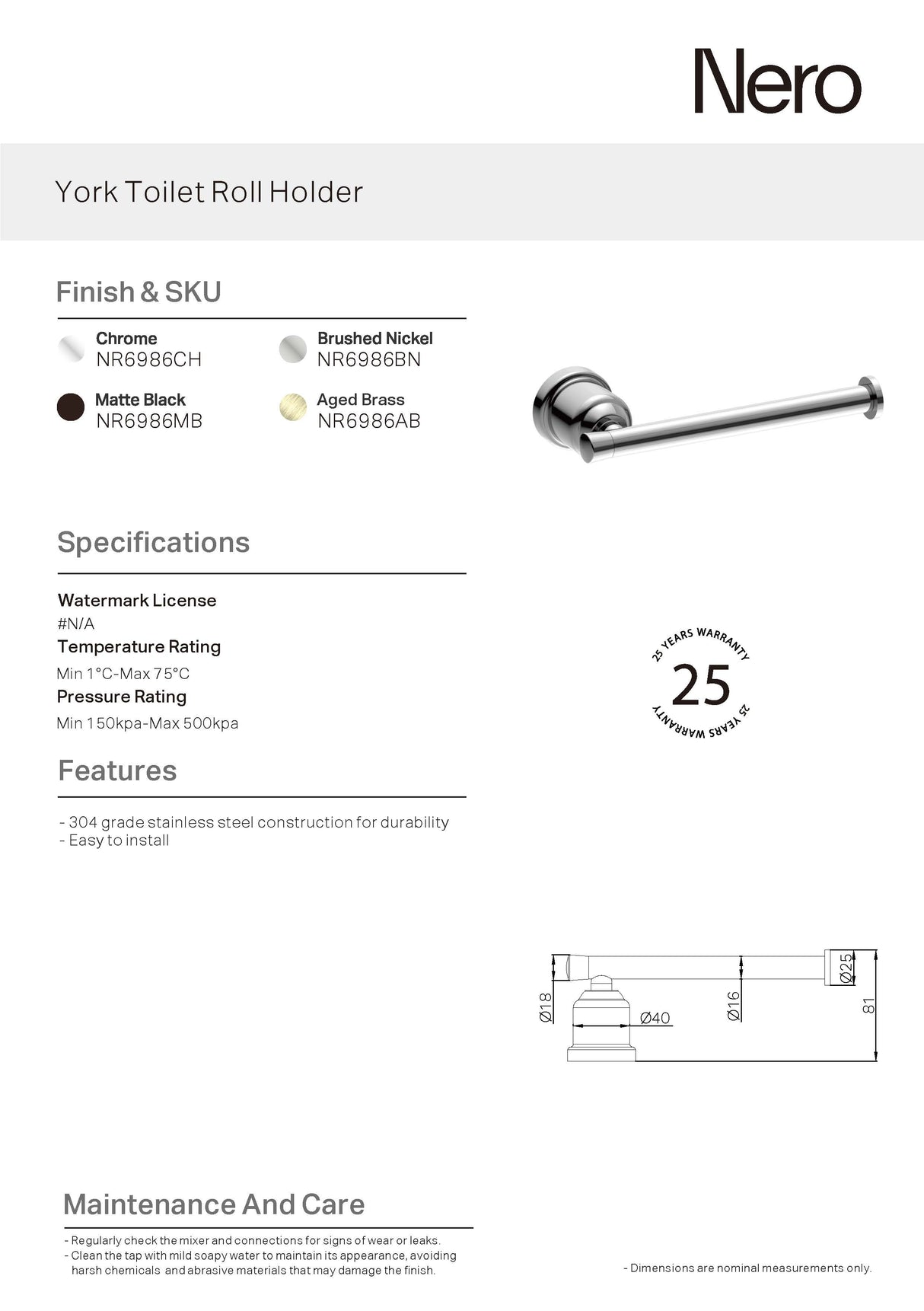 Nero York Toilet Roll Holder Matte Black NR6986MB