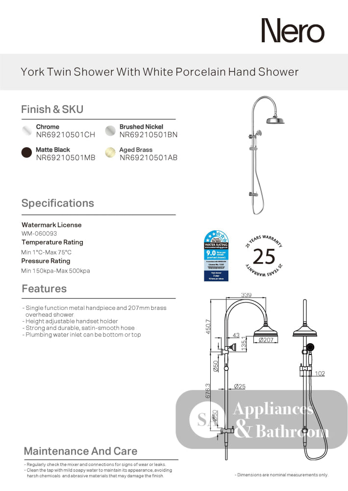 Nero York Twin Shower w/ White Porcelain Handle Brushed Nickel NR69210501BN - Twin Showers