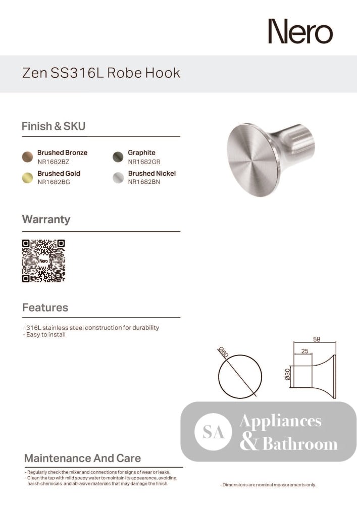 Nero Zen Robe Hook Brushed Nickel NR1682BN - Robe Hooks