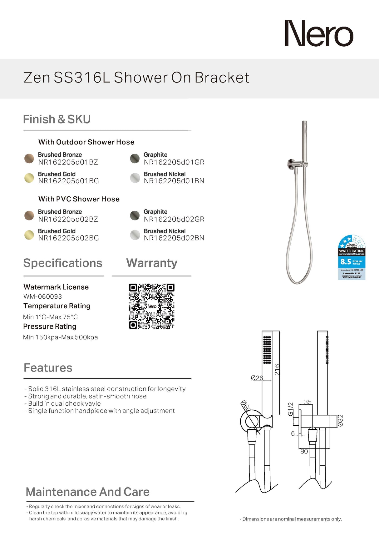 Nero Zen Shower On Bracket with Outdoor Shower Hose Brushed Nickel NR162205D01BN