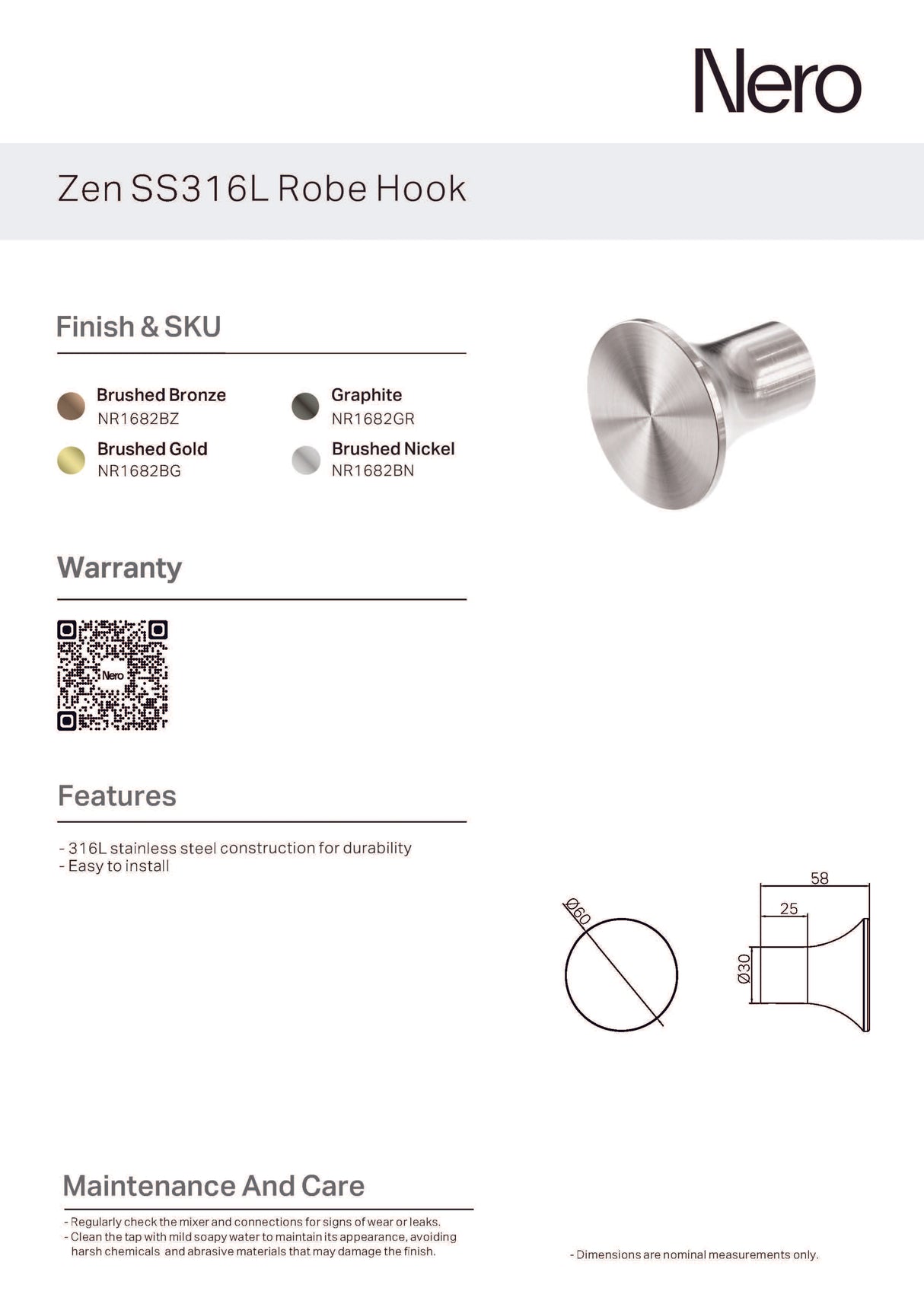 Nero Zen Robe Hook Brushed Bronze NR1682BZ