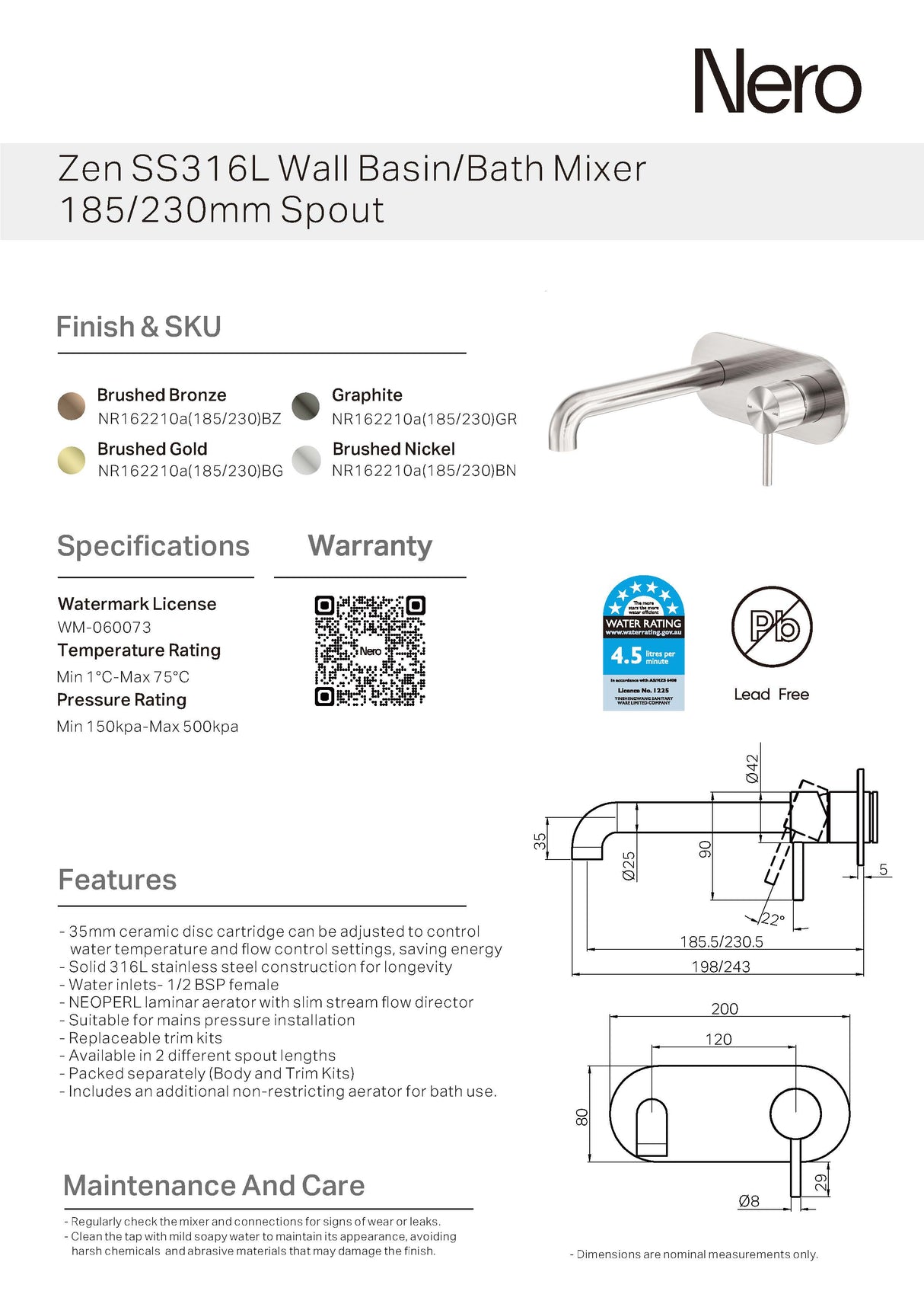 Nero Zen Wall Basin/Bath Mixer, 230mm Spout Brushed Gold NR162210A230BG