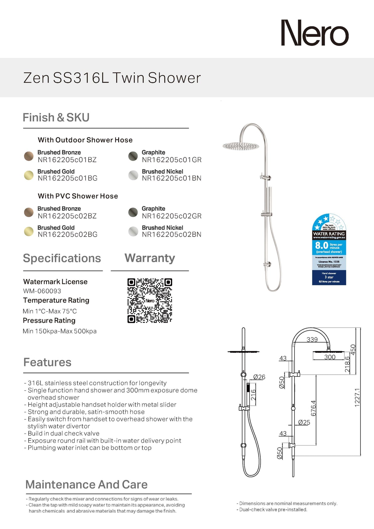 Nero Zen Twin Shower with Indoor Shower Hose Brushed Nickel NR162205C02BN