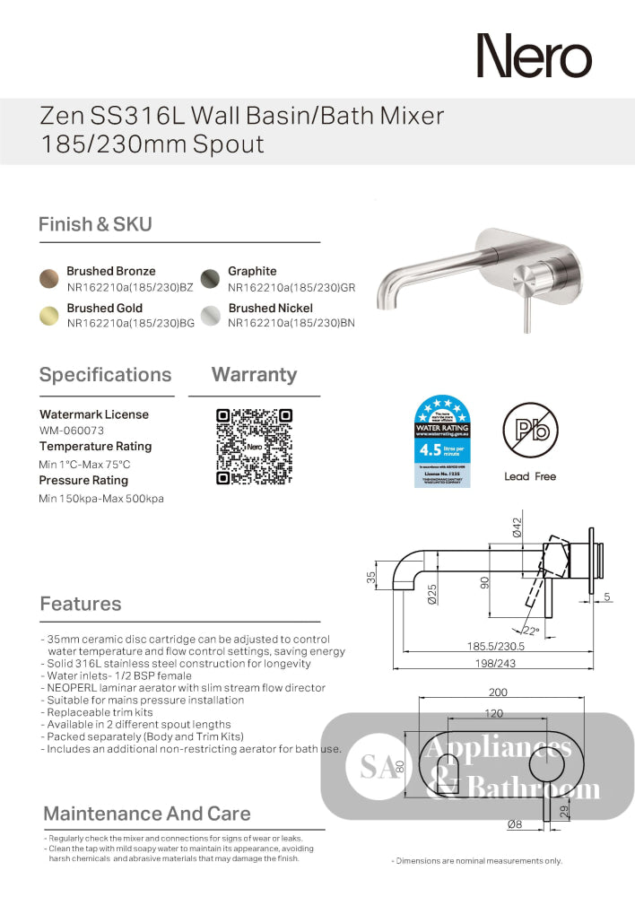 Nero Zen Wall Basin/Bath Mixer 230mm Spout Graphite NR162210A230GR - Wall Mixers & Spouts