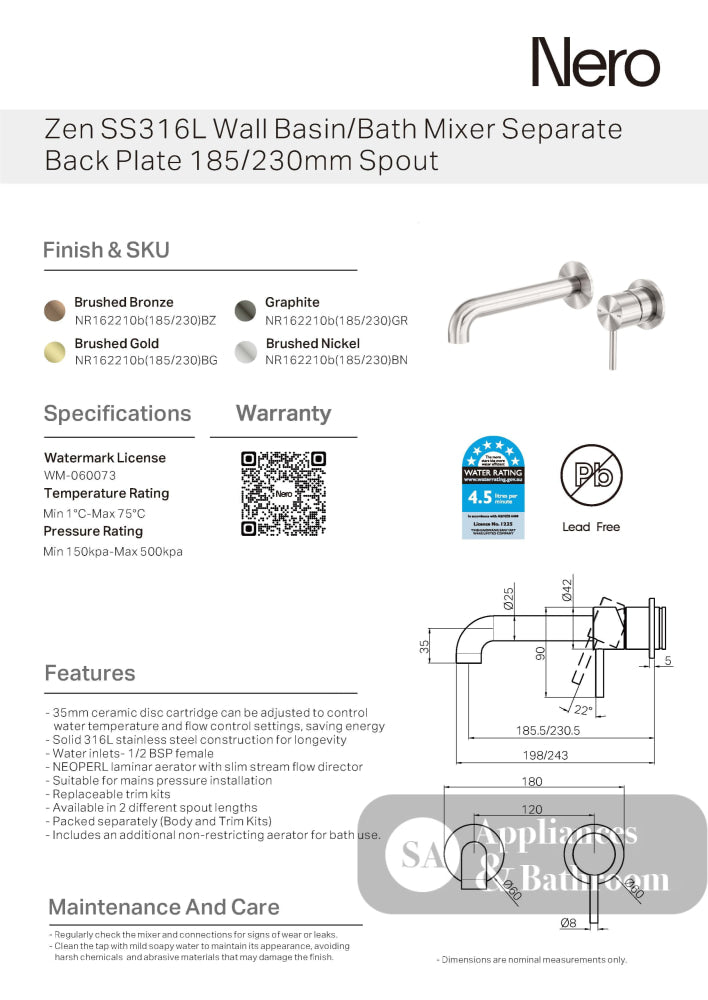 Nero Zen Wall Basin/Bath Mixer 230mm Spout (Separate Plates) Graphite NR162210B230GR - Wall Mixers & Spouts