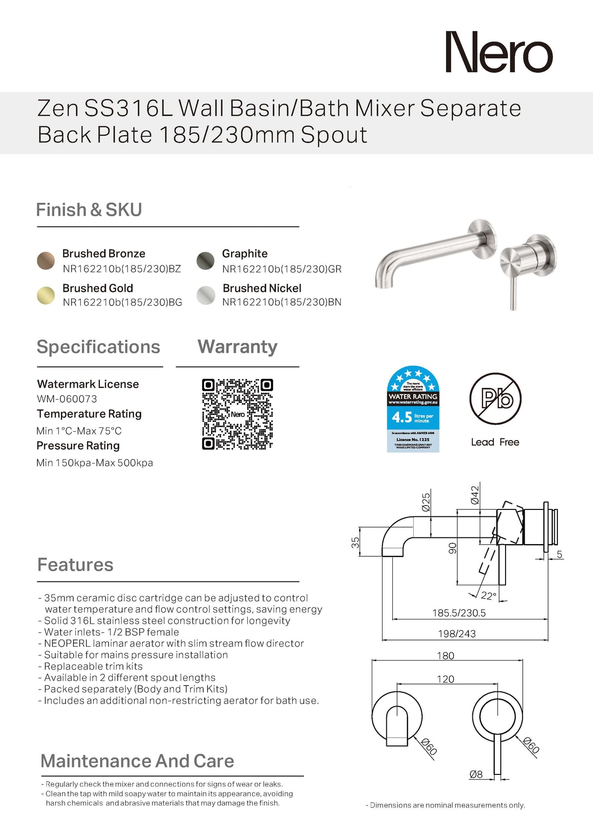 Nero Zen Wall Basin/Bath Mixer, 230mm Spout (Separate Plates) Brushed Gold NR162210B230BG