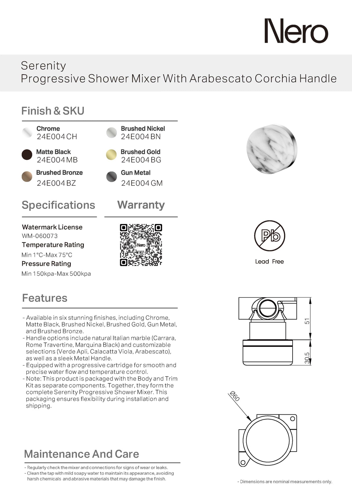 Nero Serenity Progressive Shower Mixer w/ Arabescato Corchia Handle Matte Black 24E004MB