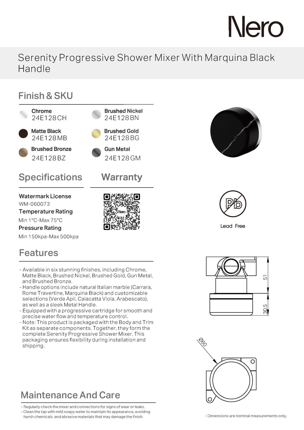 Nero Serenity Progressive Shower Mixer w/ Marquina Black Handle Matte Black 24E128MB