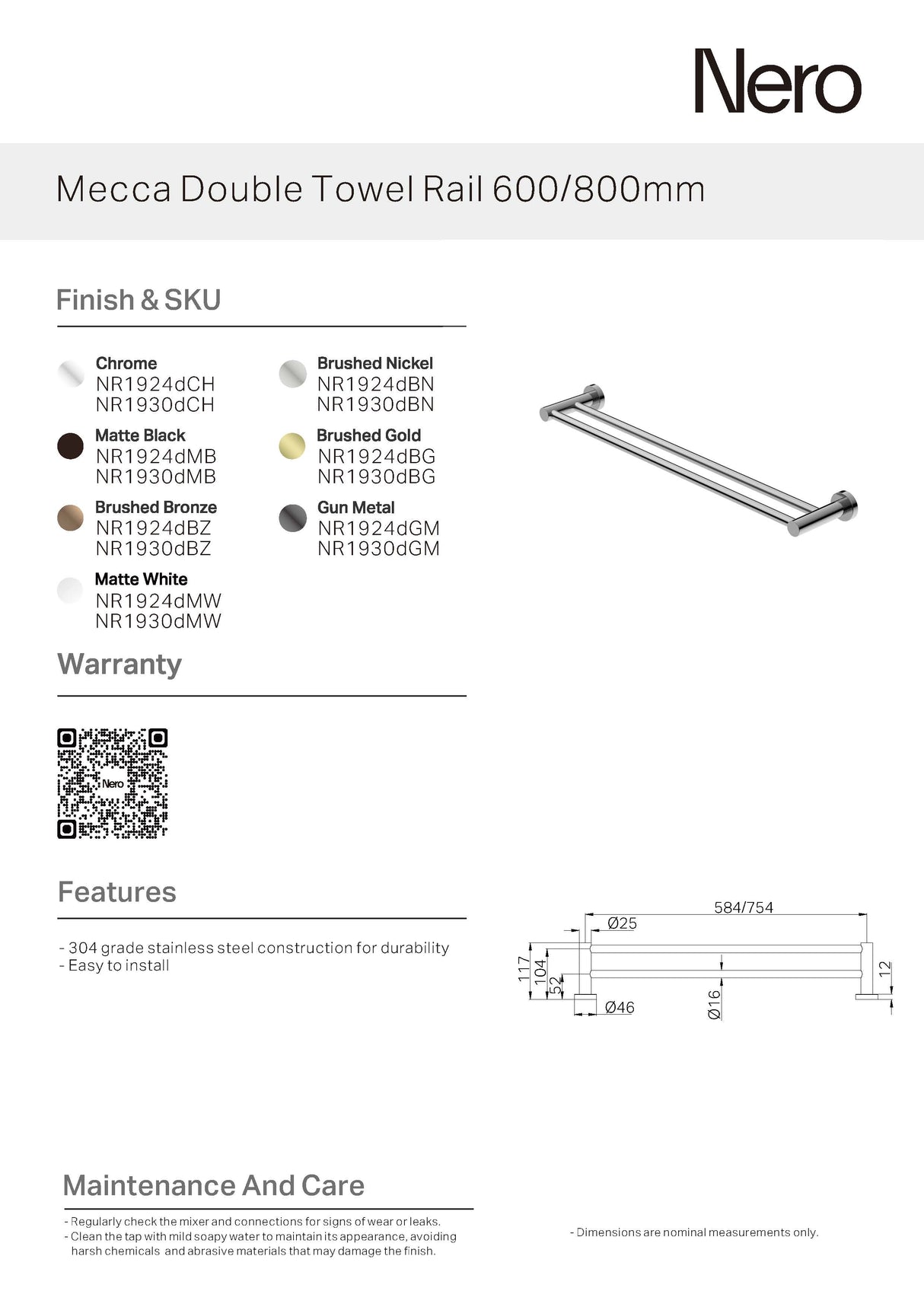 Nero Mecca Double Towel Rail 800mm Chrome NR1930dCH