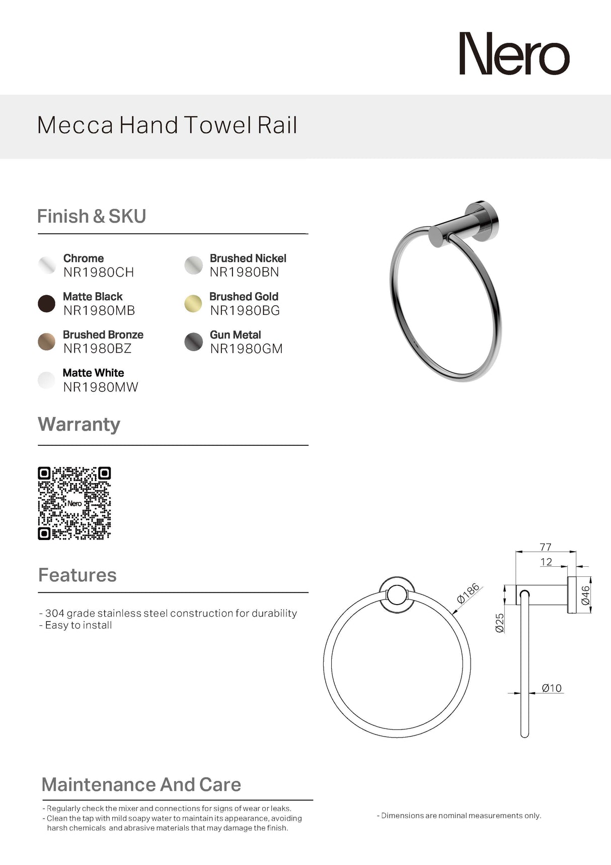 Nero Mecca Hand Towel Ring Brushed Nickel NR1980BN