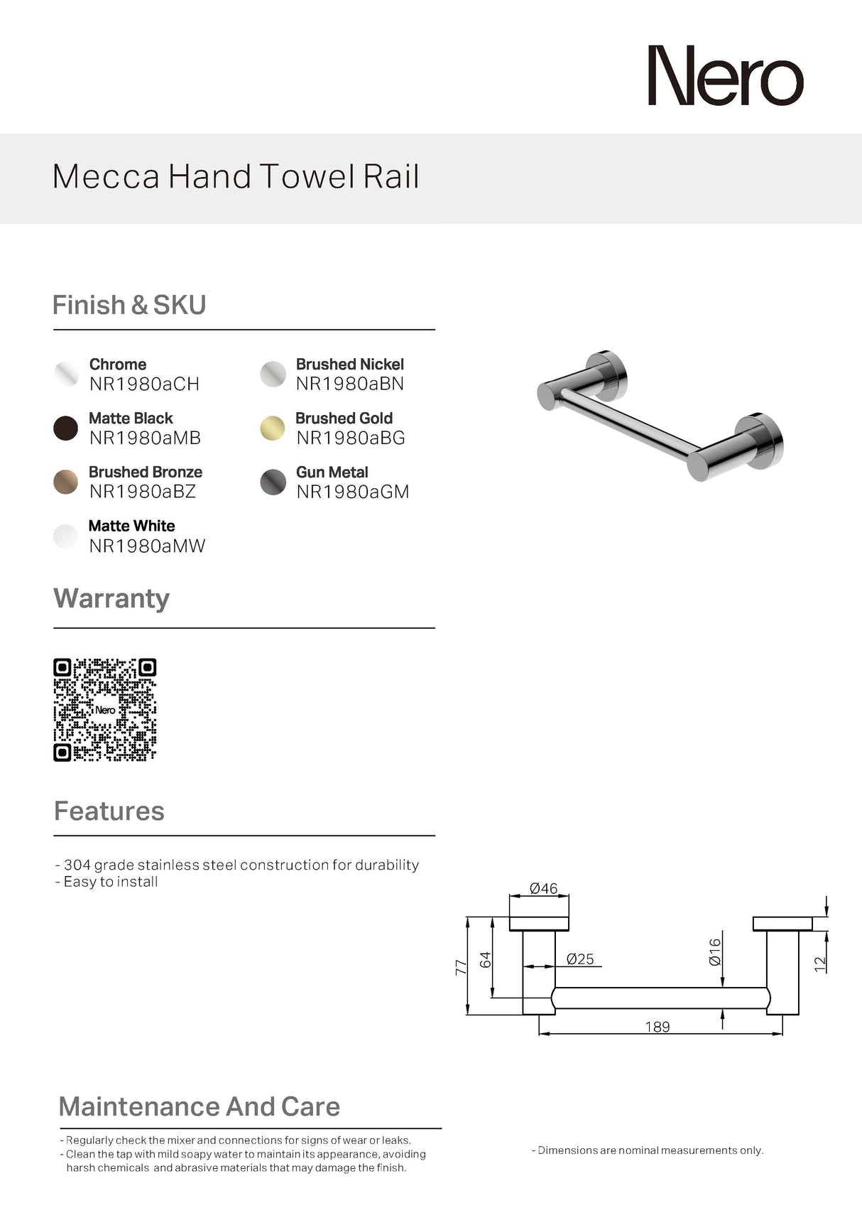 Nero Mecca Hand Towel Rail Chrome NR1980aCH
