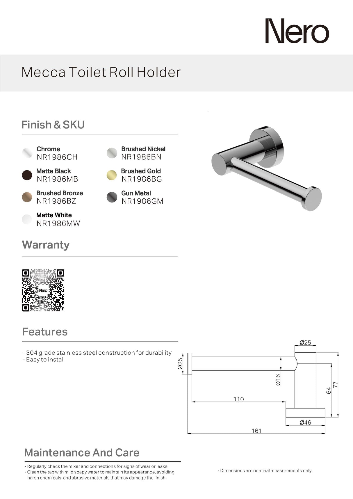 Nero Mecca Toilet Roll Holder Brushed Nickel NR1986BN