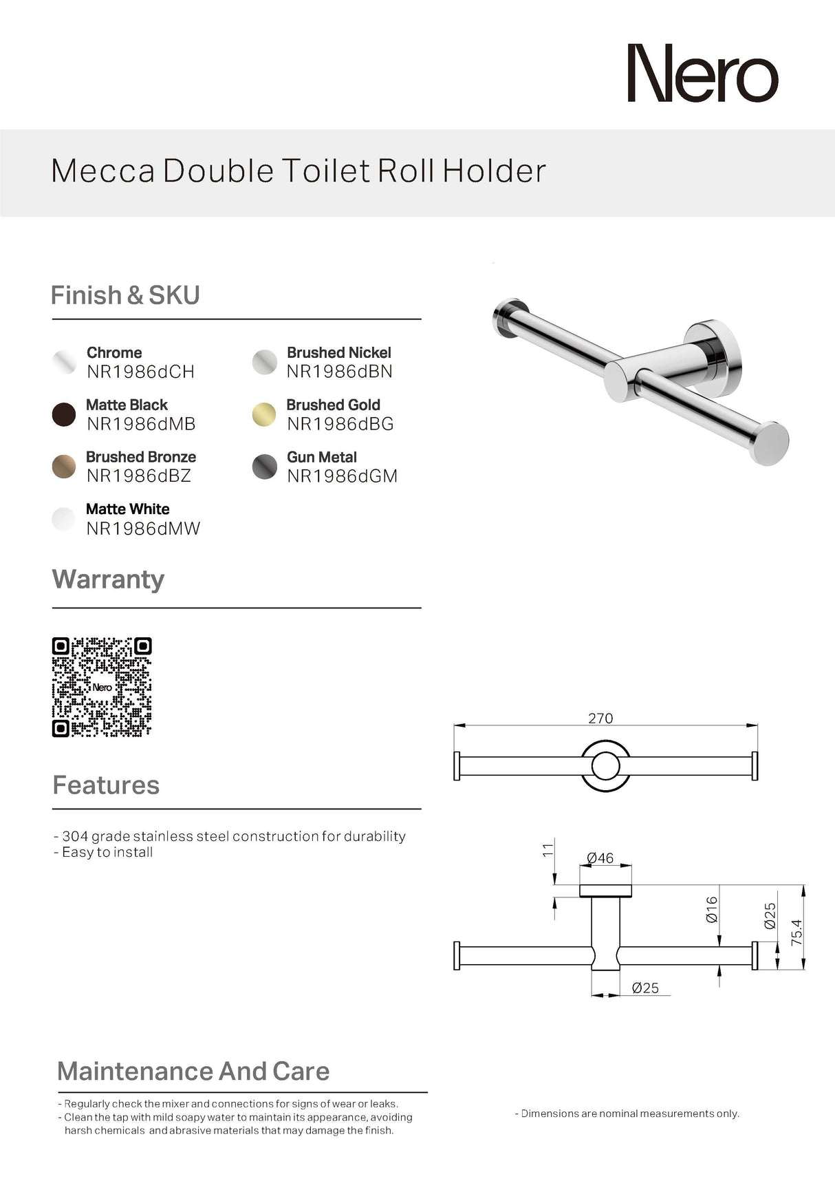 Nero Mecca Double Toilet Roll Holder Brushed Nickel NR1986dBN