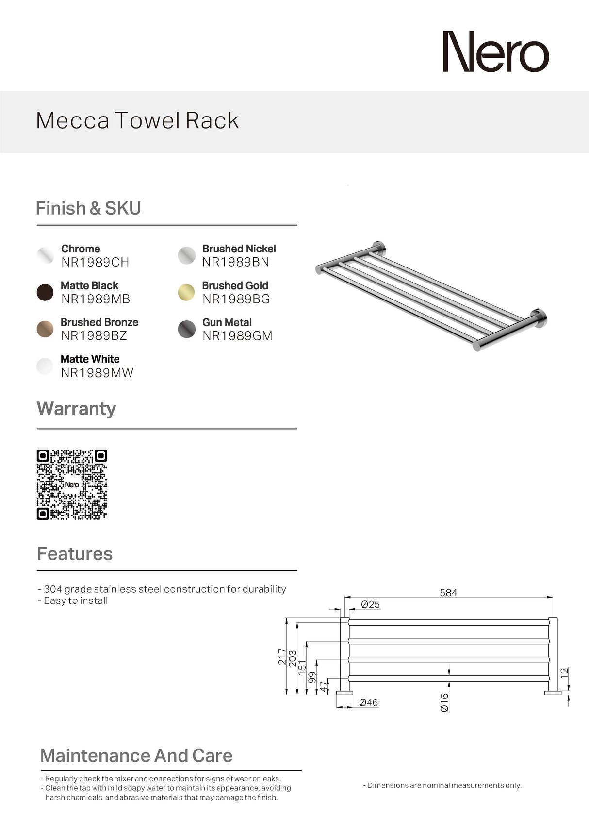 Nero Mecca Towel Rack Matte Black NR1989MB