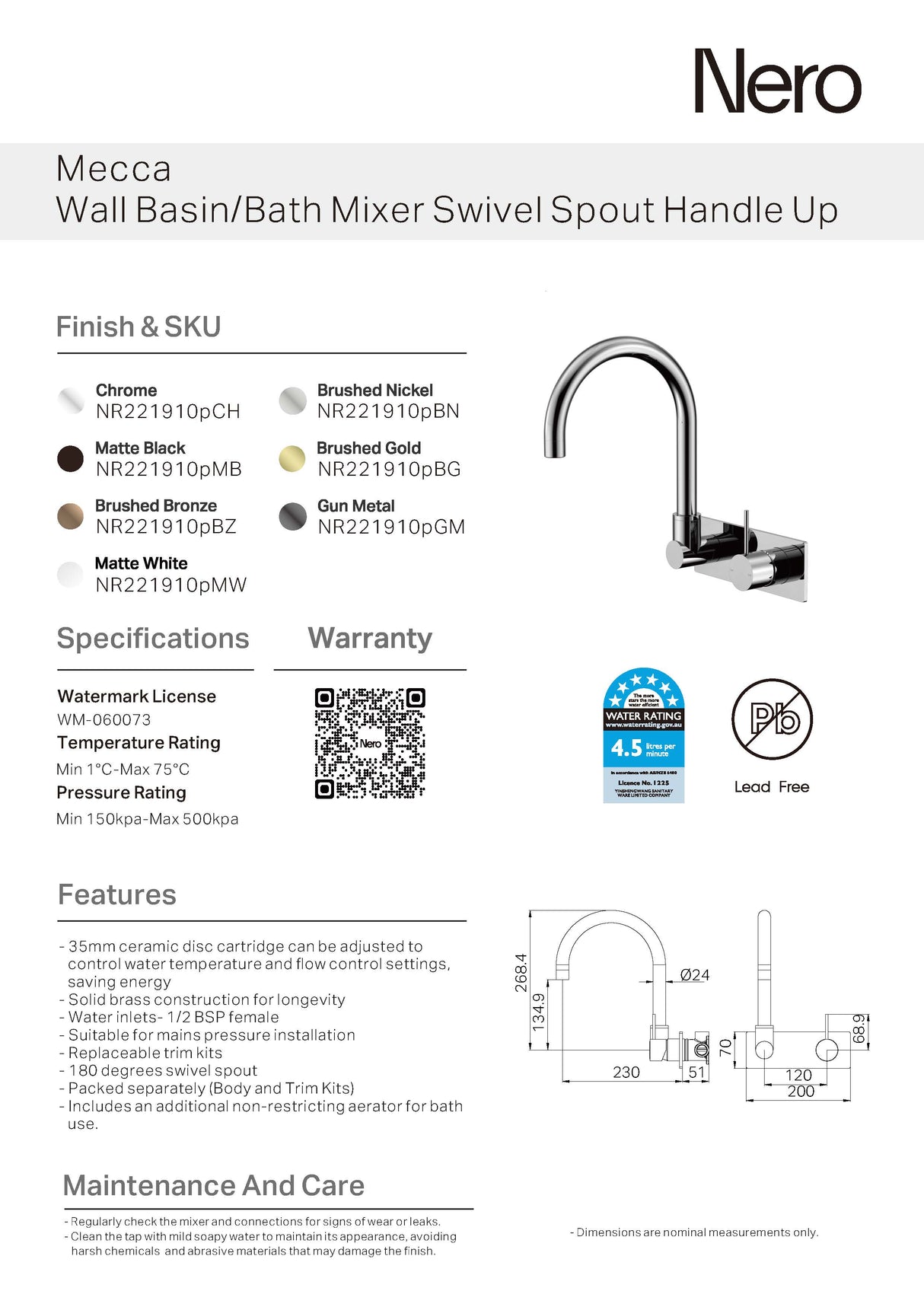 Nero Mecca Wall Basin/Bath Mixer Swivel Spout Handle Up Chrome NR221910PCH