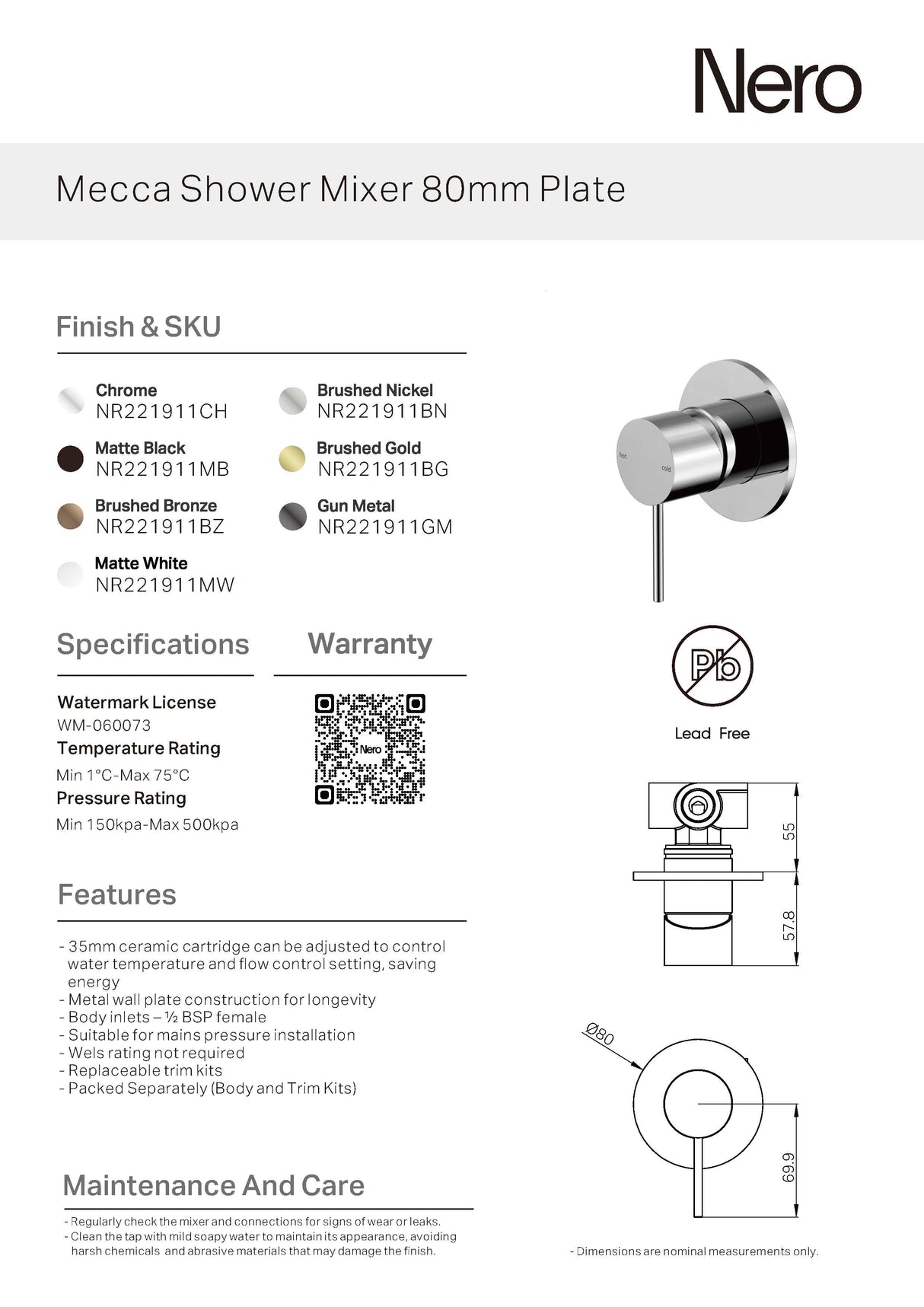 Nero Mecca Shower Mixer Matte White NR221911MW