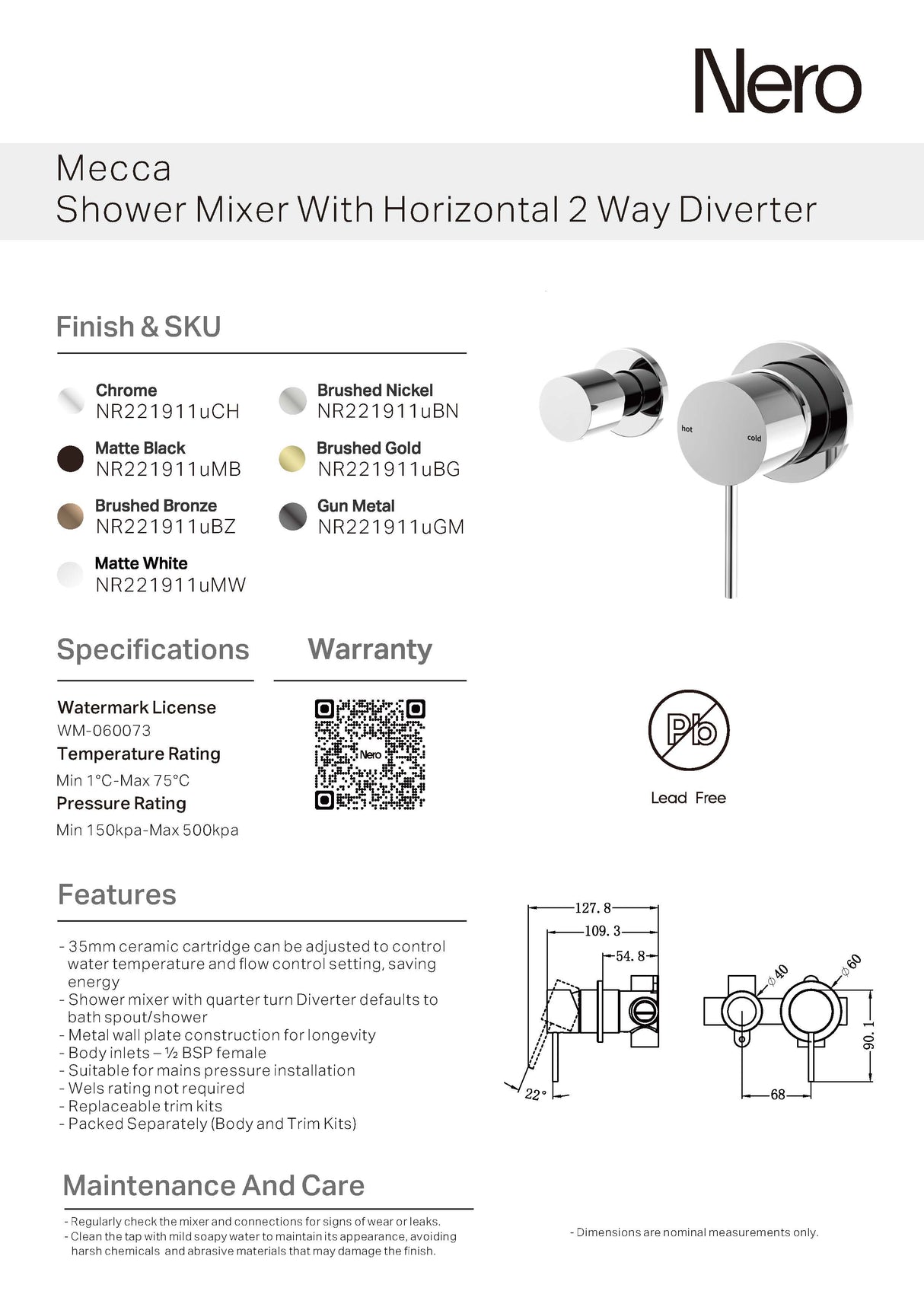 Nero Mecca Shower Mixer With Horizontal 2 Way Divertor Brushed Bronze NR221911UBZ