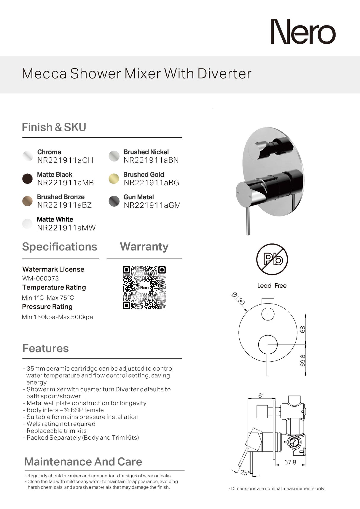 Nero Mecca Shower Mixer With Divertor Matte Black NR221911AMB