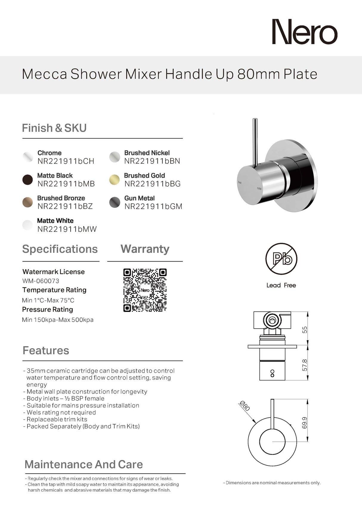 Nero Mecca Shower Mixer Handle Up Matte White NR221911BMW