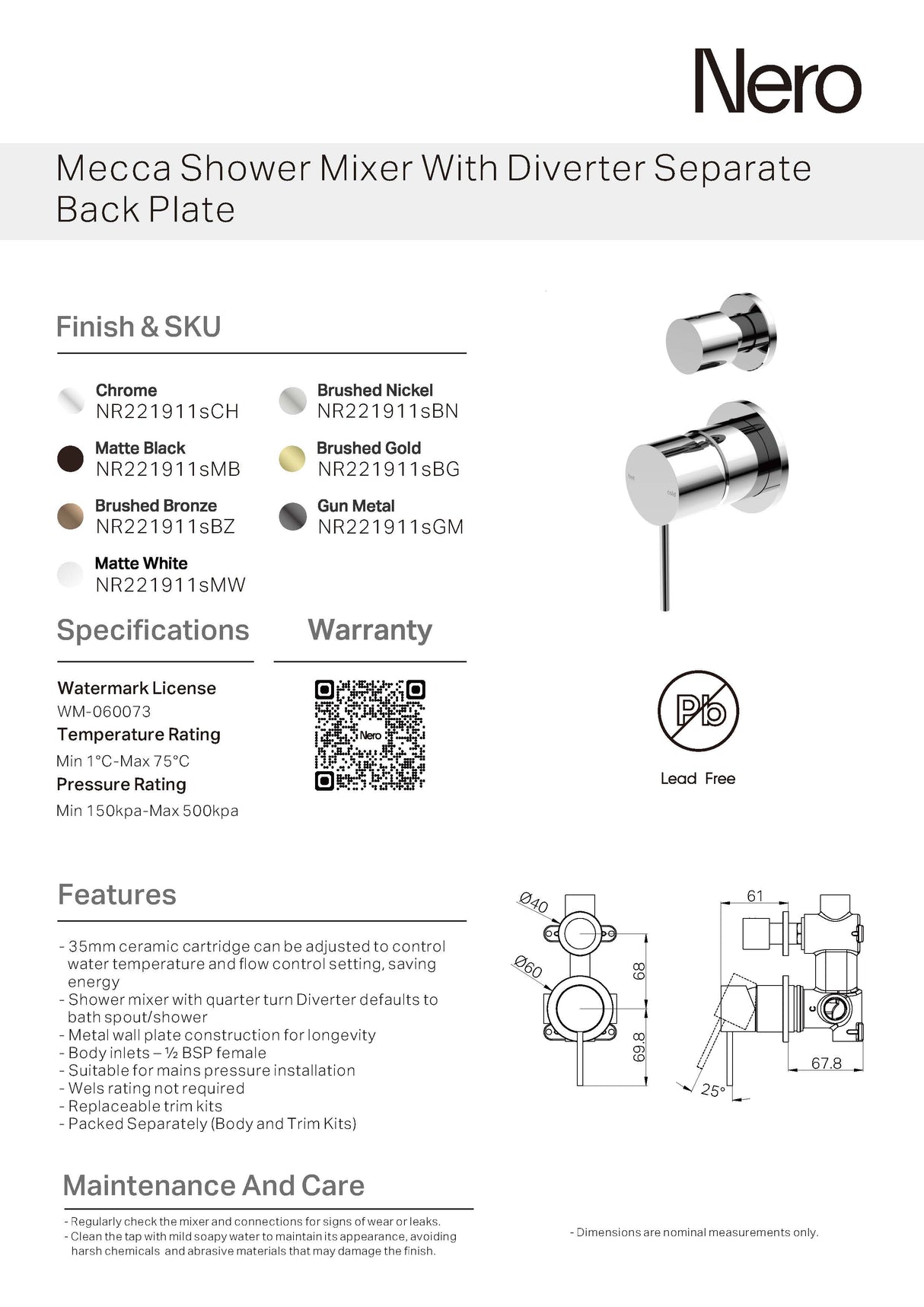 Nero Mecca Shower Mixer With Divertor Separate Back Plate Matte Black NR221911sMB