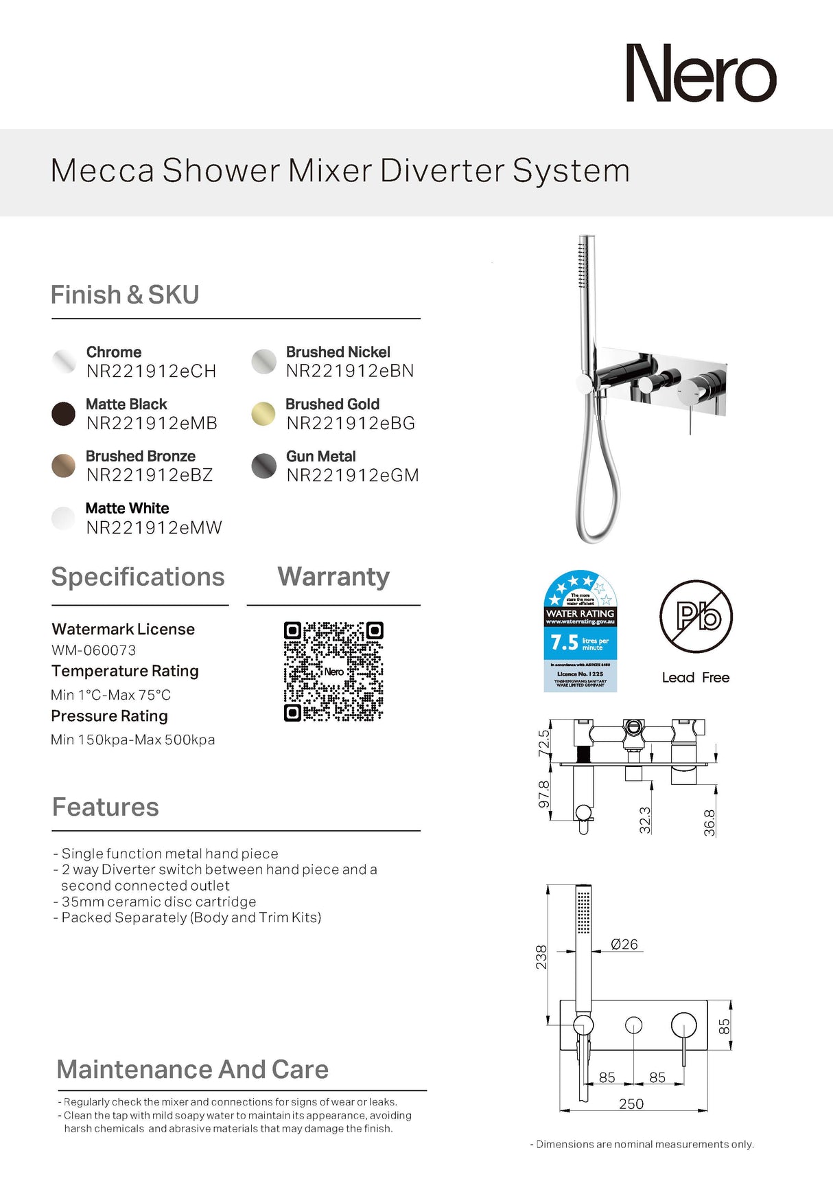 Nero Mecca Shower Mixer Diverter System Matte Black NR221912EMB