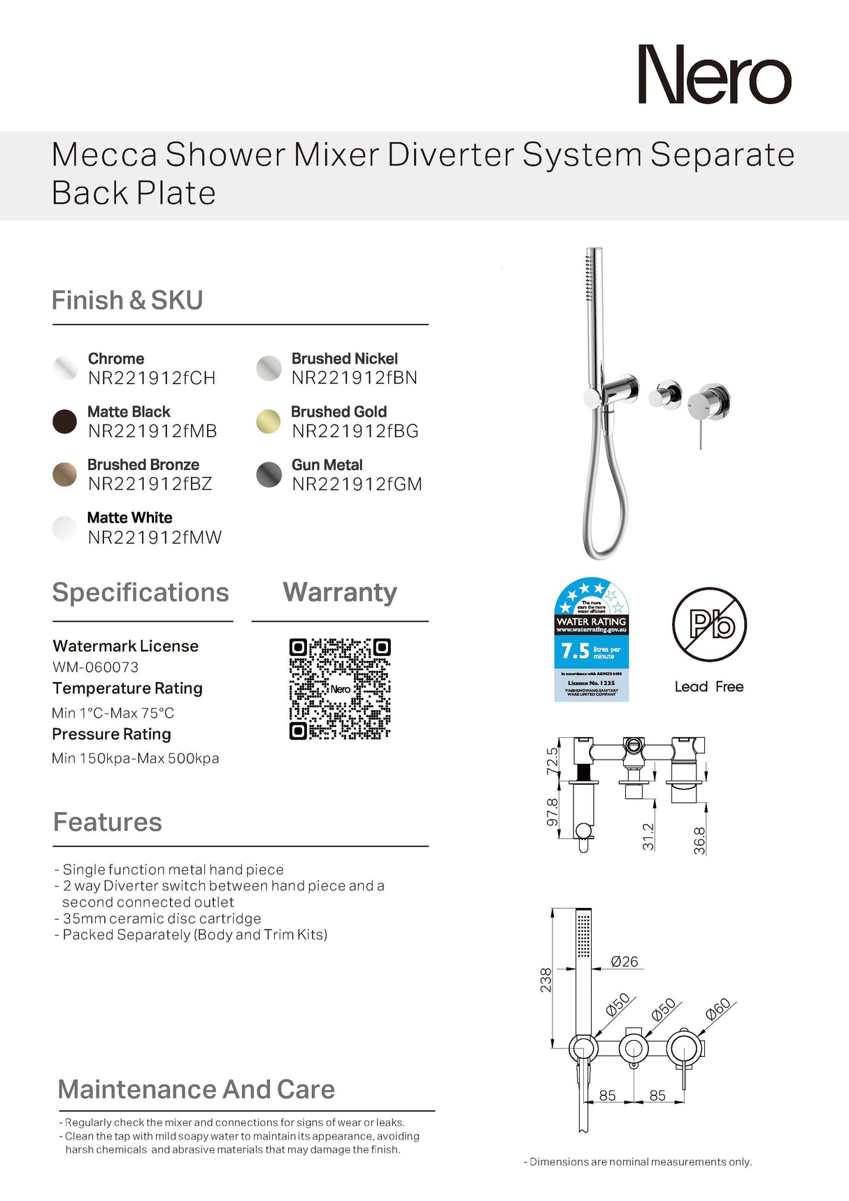 Nero Mecca Shower Mixer Diverter System Separate Back Plate Chrome NR221912FCH