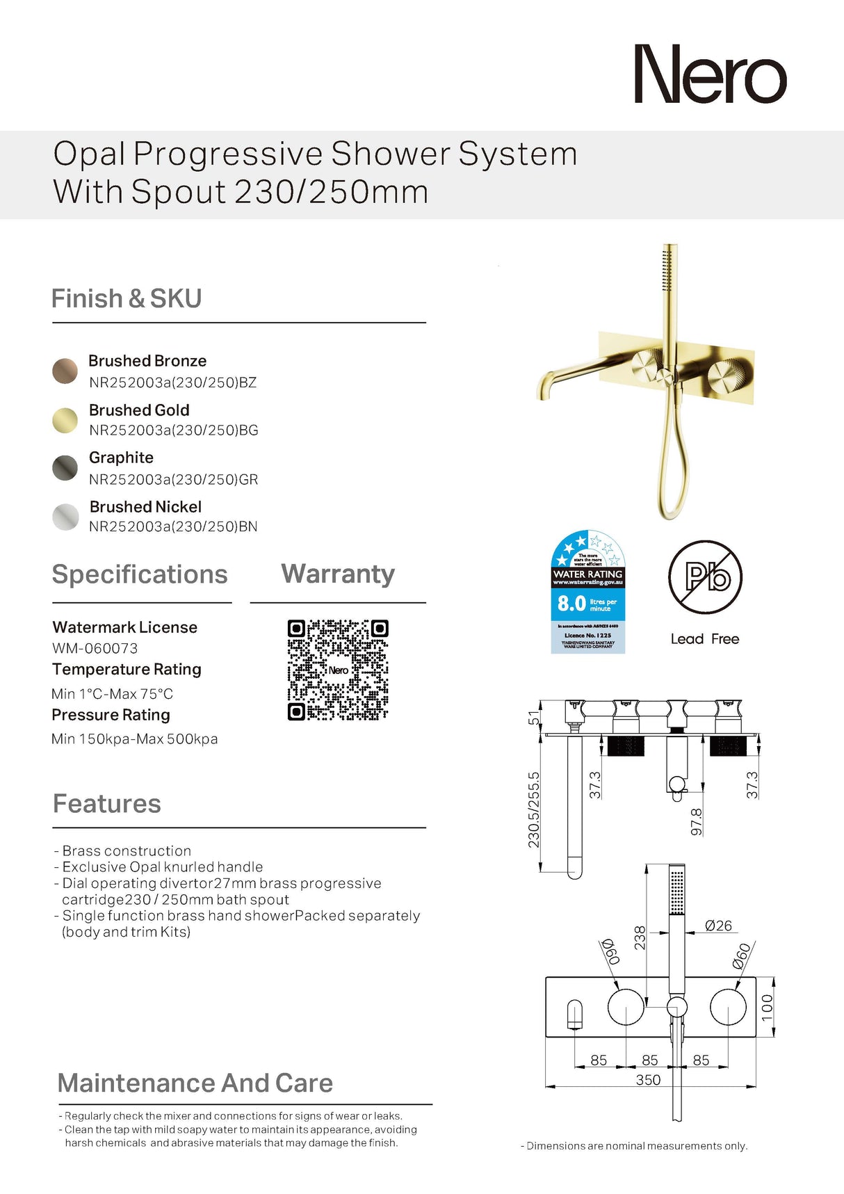 Nero Opal Progressive Shower System Brushed Bronze NR252003CBZ