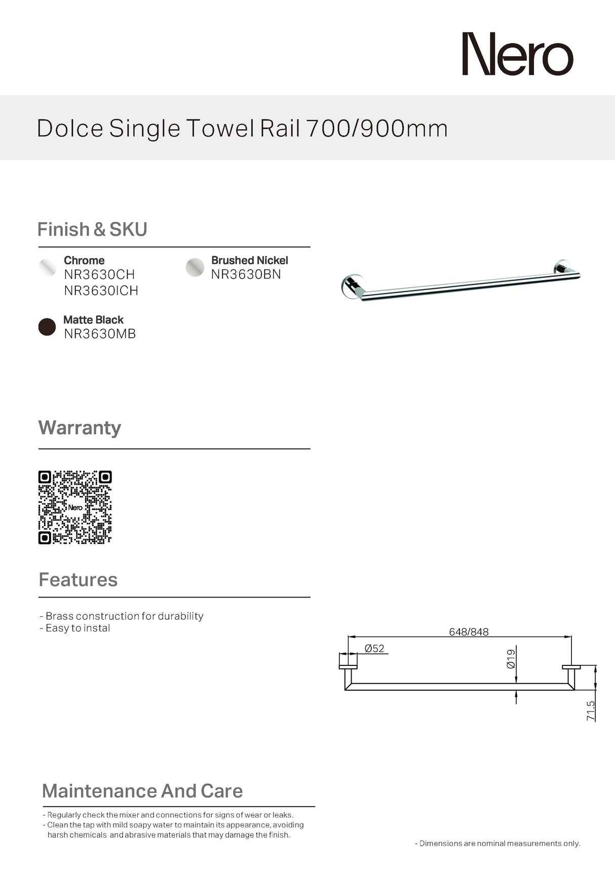 Nero Dolce 700mm Double Towel Rail Chrome NR3630DCH