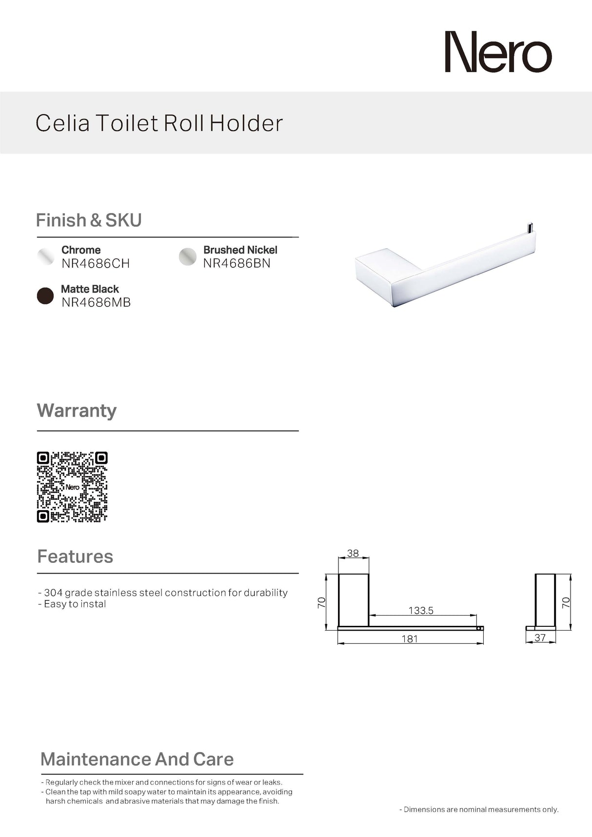 Nero Celia Toilet Roll Holder Chrome NR4686CH