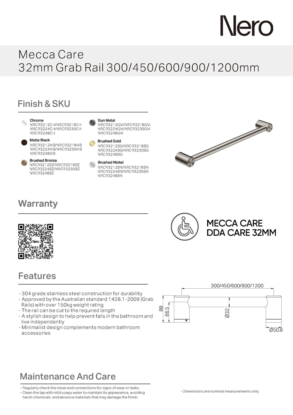 Nero Mecca Care 32mm Grab Rail 450mm Brushed Nickel NRCR3218BN