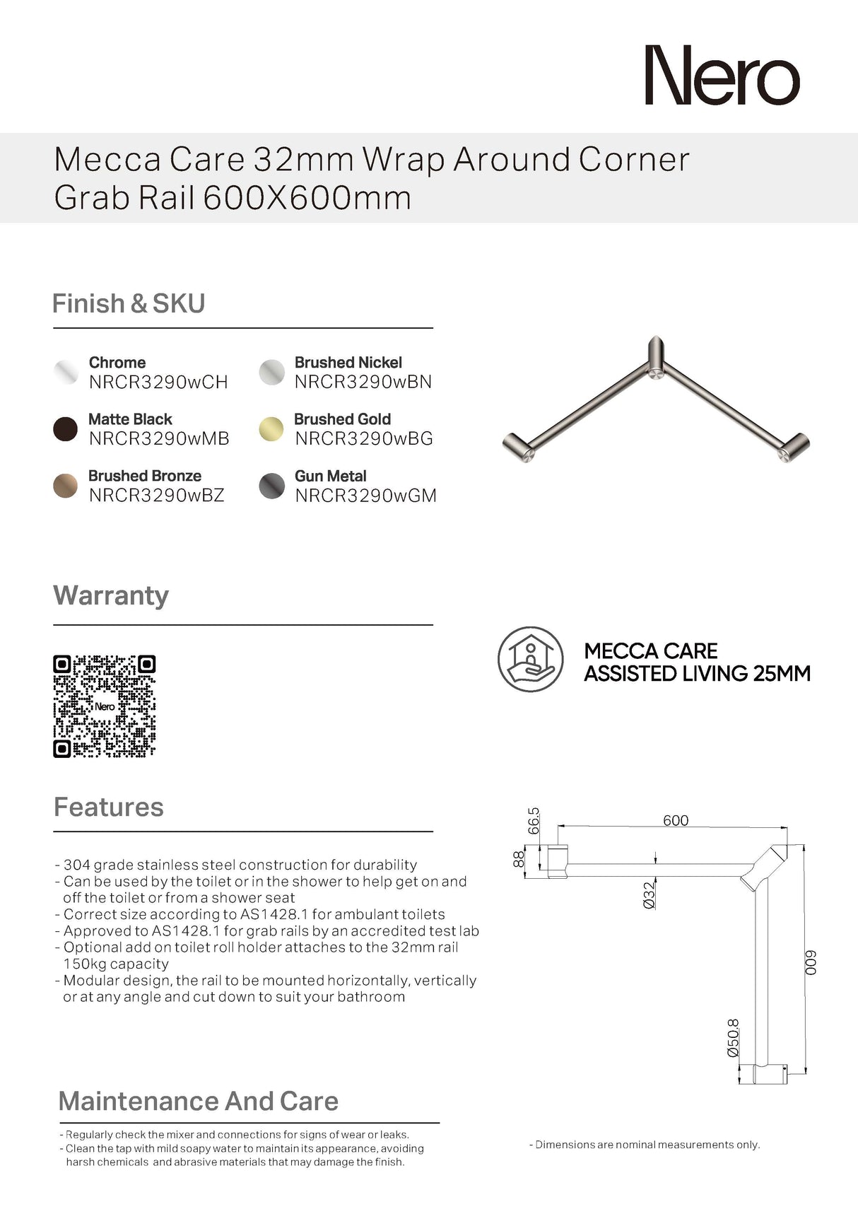 Nero Mecca Care 32mm Wrap Around Corner Grab Rail 600X600mm Gun Metal NRCR3290WGM