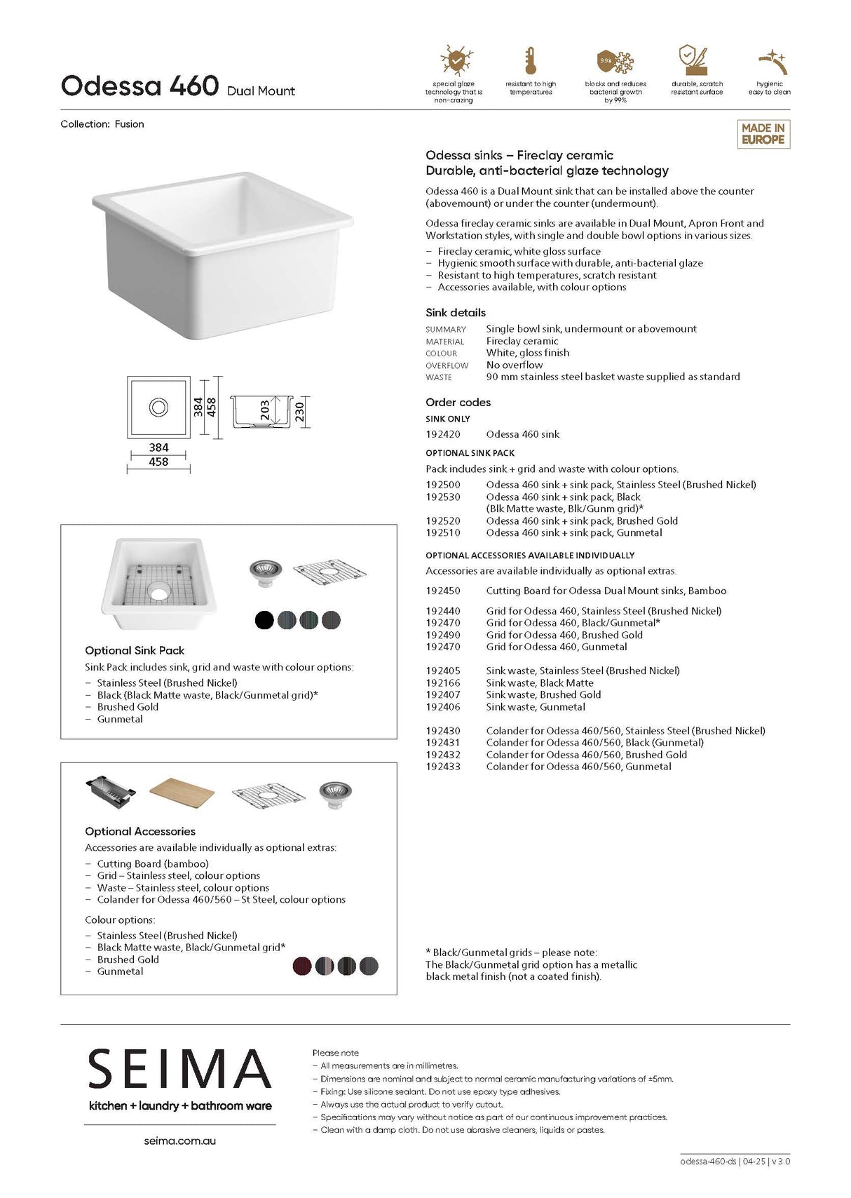 Seima 192500 Odessa 460 Ceramic Butler Sink, Single Bowl, 460x460mm Abovemount/Undermount, White Gloss with Stainless Steel Basket Waste & Grid