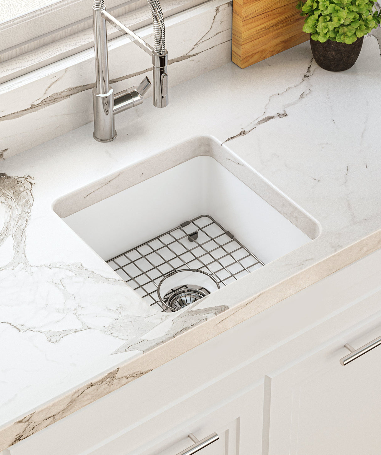 Seima 192510 Odessa 460 Ceramic Butler Sink, Single Bowl, 460x460mm Abovemount/Undermount, White Gloss with Brushed Gunmetal Waste & Grid