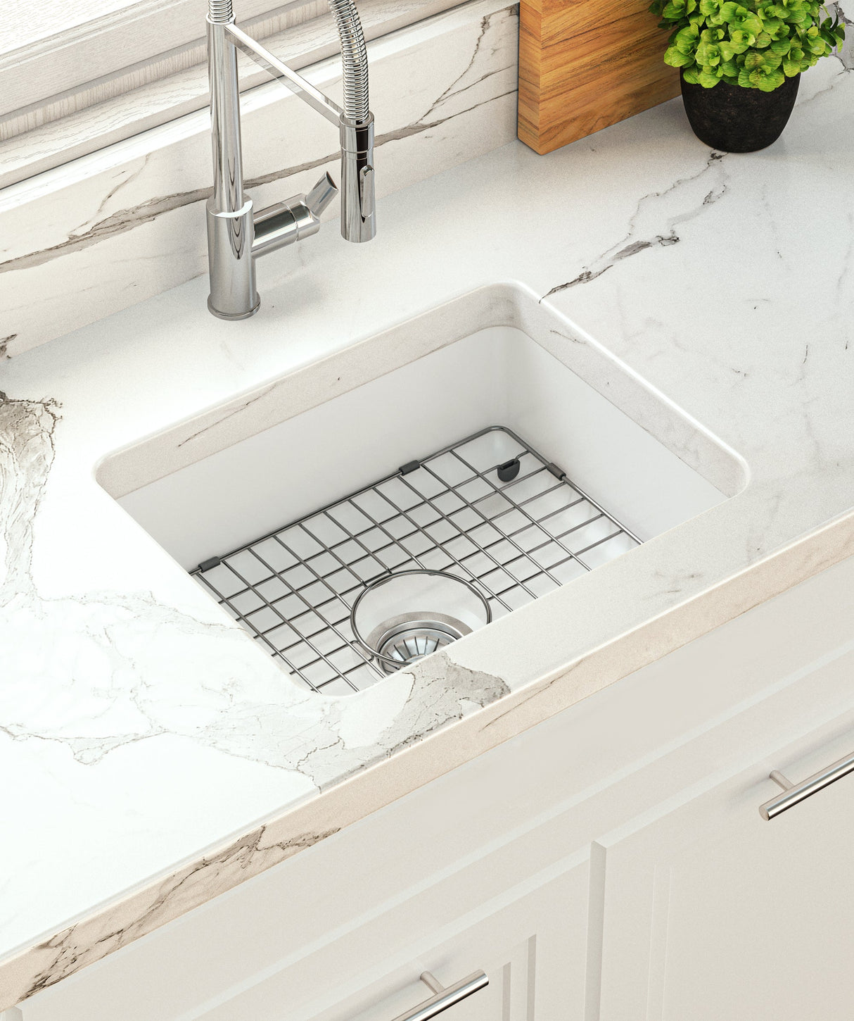 Seima 192511 Odessa 560 Ceramic Butler Sink, Single Bowl, 565x460mm Abovemount/Undermount, White Gloss with Gunmetal Basket Waste & Grid