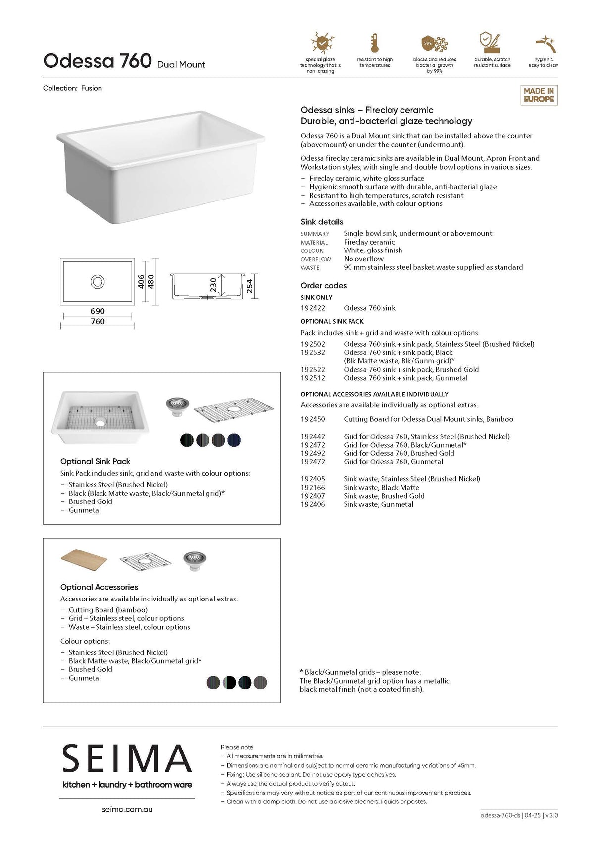 Seima 192532 Odessa 760 Ceramic Butler Sink, Single Bowl, 760x480mm Abovemount/Undermount, White Gloss with Black Basket Waste & Grid