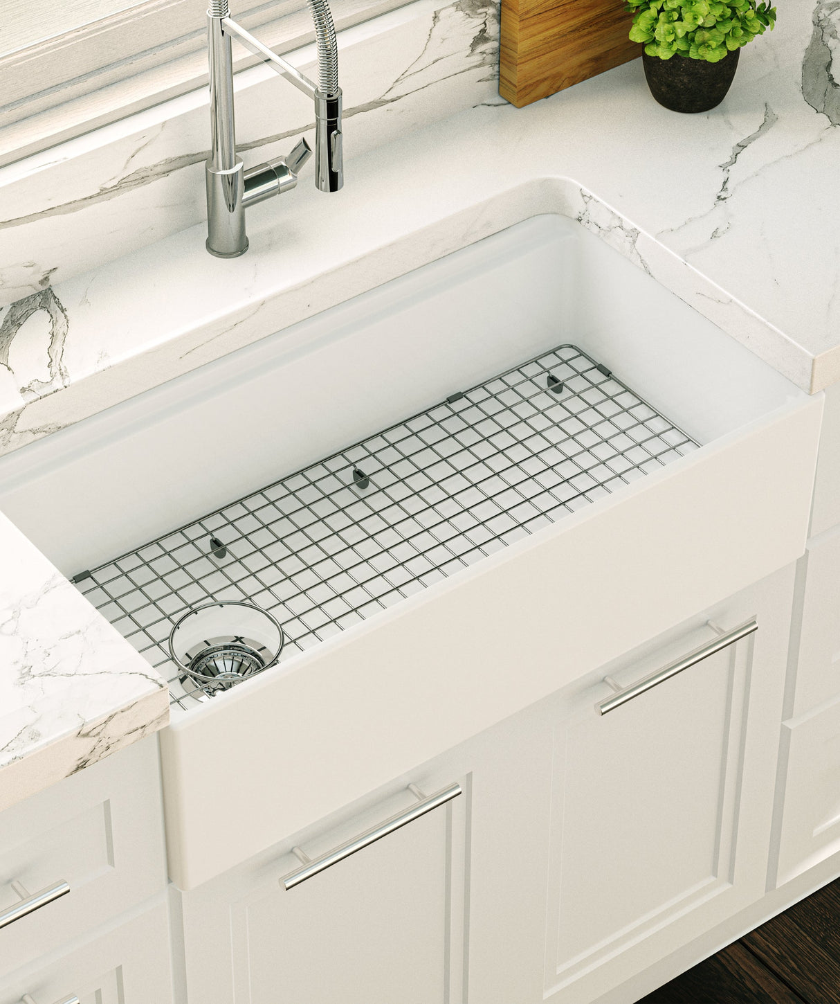 Seima 192526 Odessa 920 Ceramic Butler Sink, Single Bowl, 915x485mm Workstation, White Gloss with Brushed Gold Basket Waste & Grid