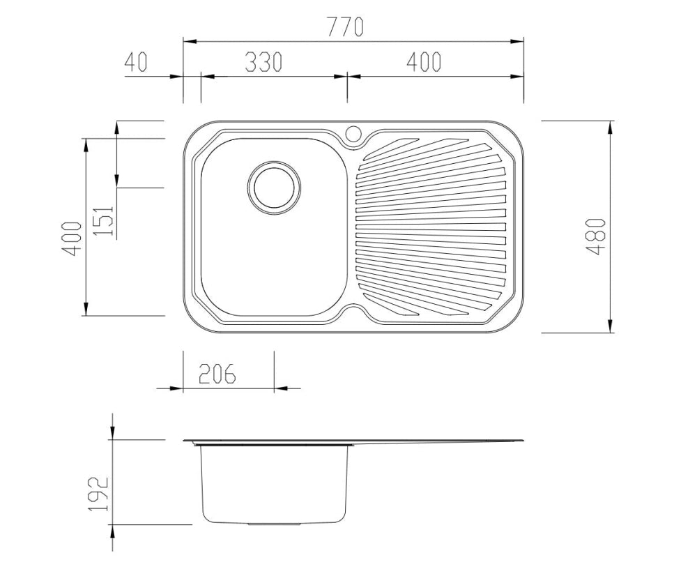 Oliveri Pe321 Petite Single Bowl Right Hand Drainer Topmount Sink Top Mounted Kitchen Sinks
