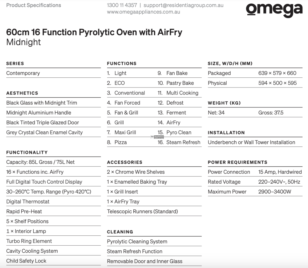 Omega Obop6016Am 60Cm 16 Function Pyrolytic Oven With Airfry - Special Order Electric Oven