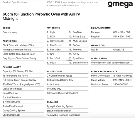 Omega Obop6016Am 60Cm 16 Function Pyrolytic Oven With Airfry - Special Order Electric Oven