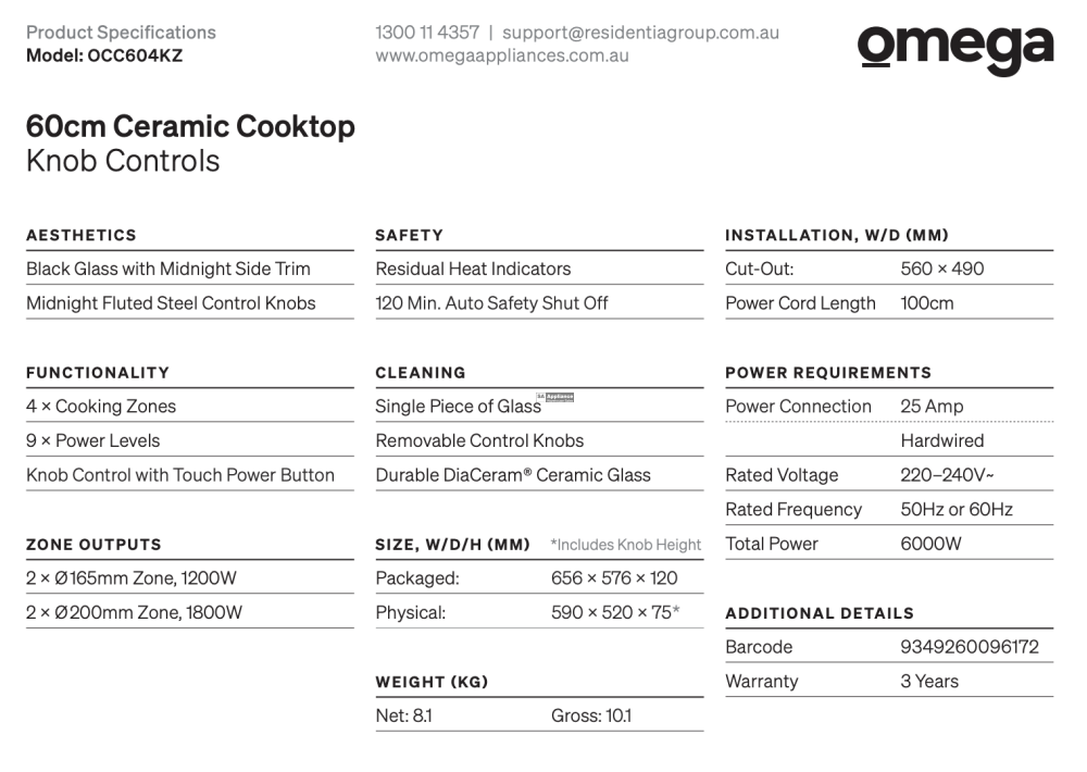 Omega Occ604Kz 60Cm Ceramic Cooktop Knob Controls - Special Order